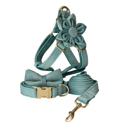 Aqua Thick Velvet Dog Collar and Lead Set and Harness Combo