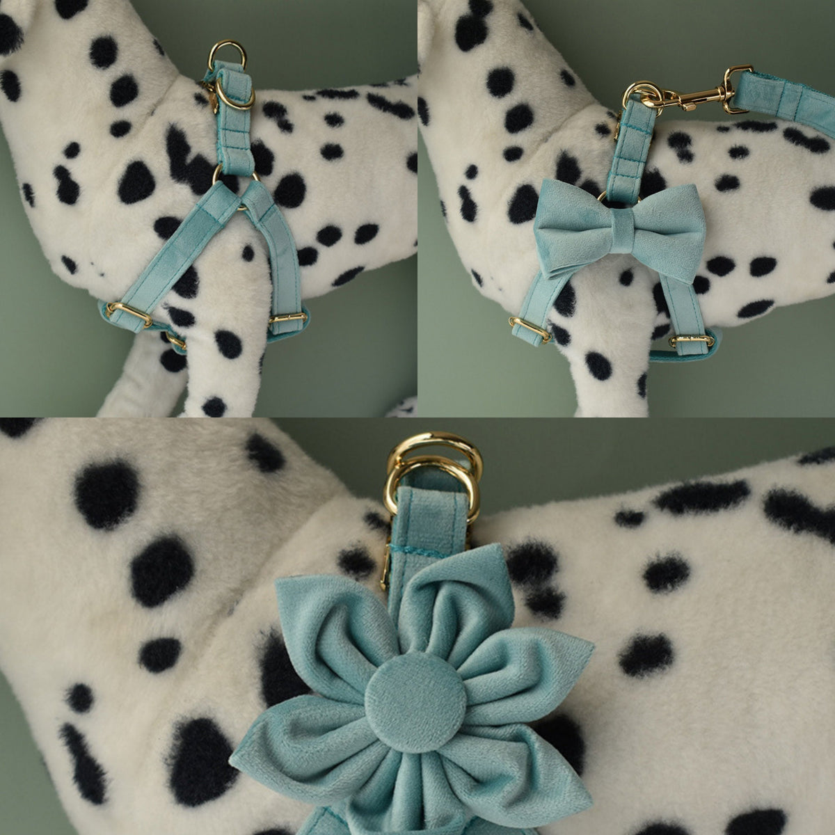 Aqua Thick Velvet Dog Collar and Lead Set and Harness Combo