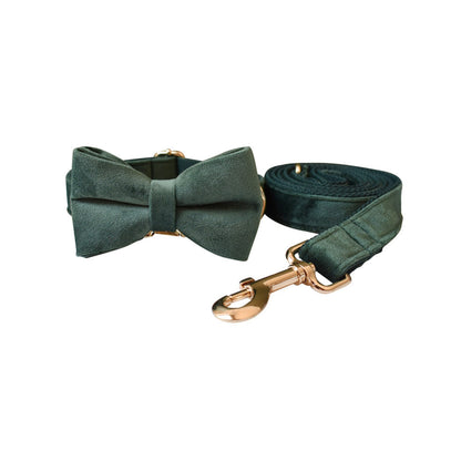Personalised FOREST GREEN Thick Velvet Dog Collar or Dog Collar and Lead Set, Matching Bowtie and Flower Step In Harness