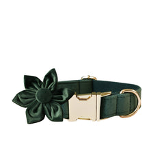 Personalized Engraved Handmade FOREST GREEN Thick Velvet Dog Collar or Dog Collar and Lead Set, Matching Bowtie and Flower Step In Harness