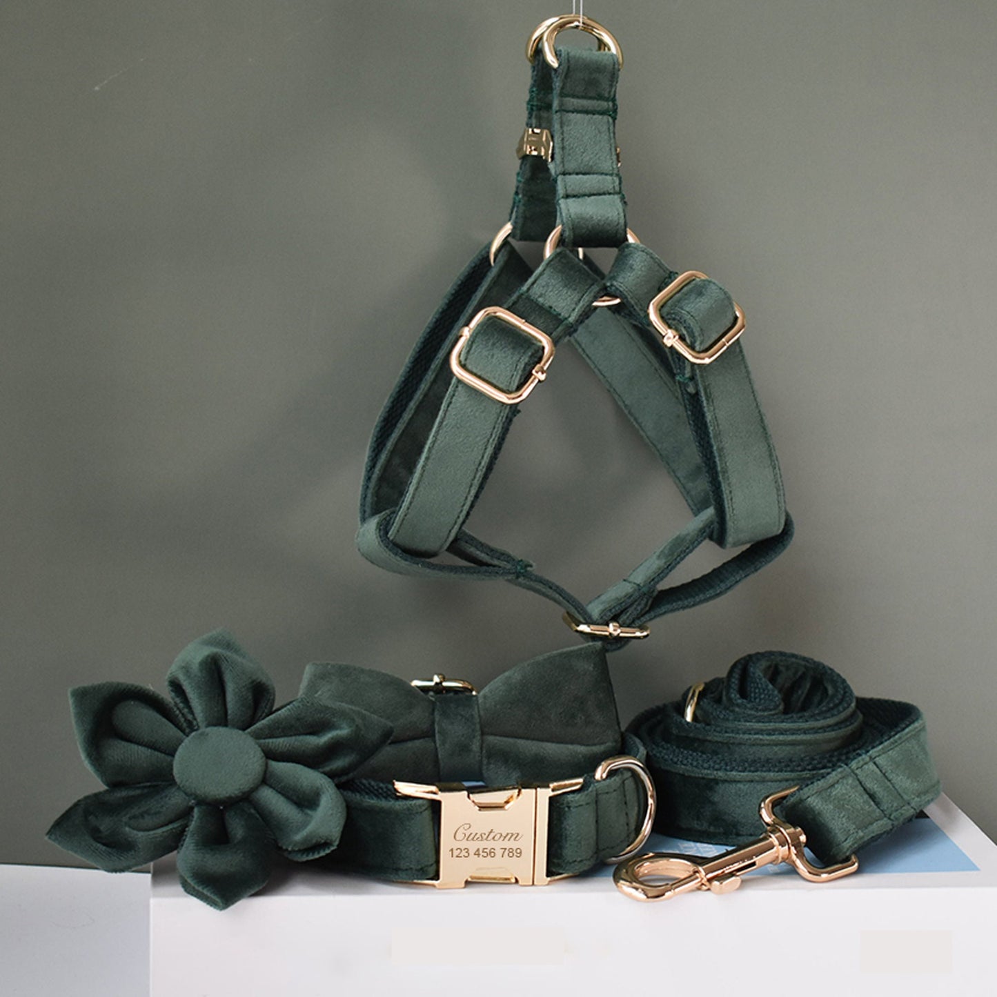 Personalised FOREST GREEN Thick Velvet Dog Collar or Dog Collar and Lead Set, Matching Bowtie and Flower Step In Harness