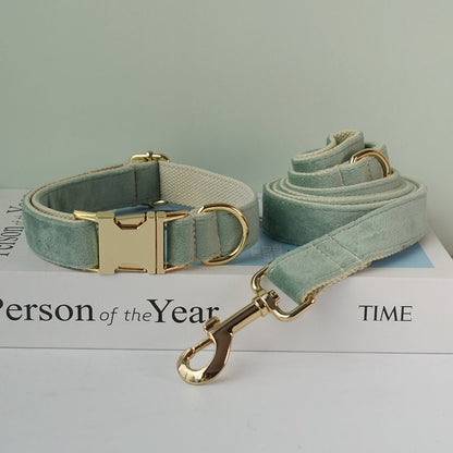Personalised MINT GREEN Thick Velvet Girl or Boy Dog Collar, Harness, and Leash Set with Detachable Matching Bowtie Flower
