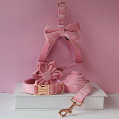 Personalized Engraved Handmade Pink Thick Velvet Dog Collar or Dog Collar and Lead Set, Matching Bowtie and Flower Step In Harness Available