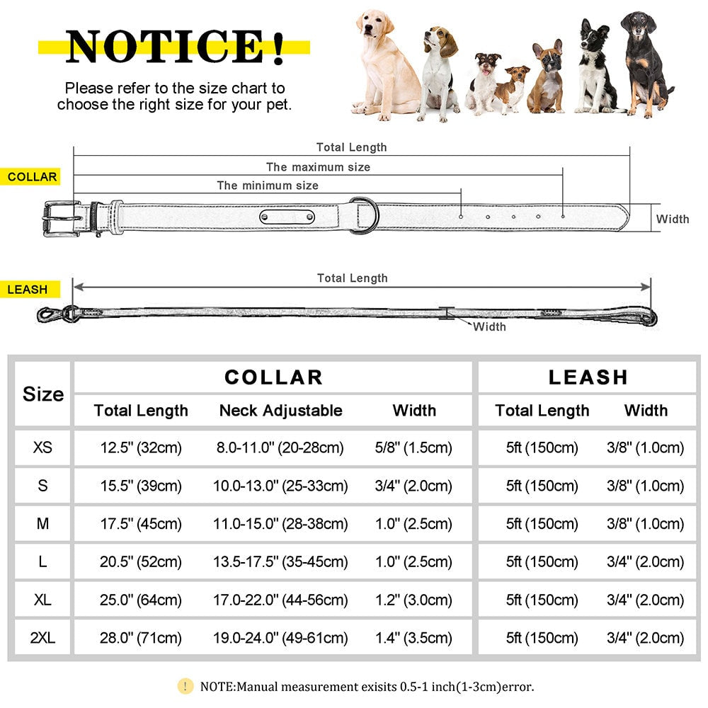 Upgraded Genuine Leather Personalised Dog Collar with Name Plate and Matching Leash