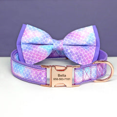 Tie Dye Mermaid, Blue Flower Bowtie Dog Collar with Custom Name