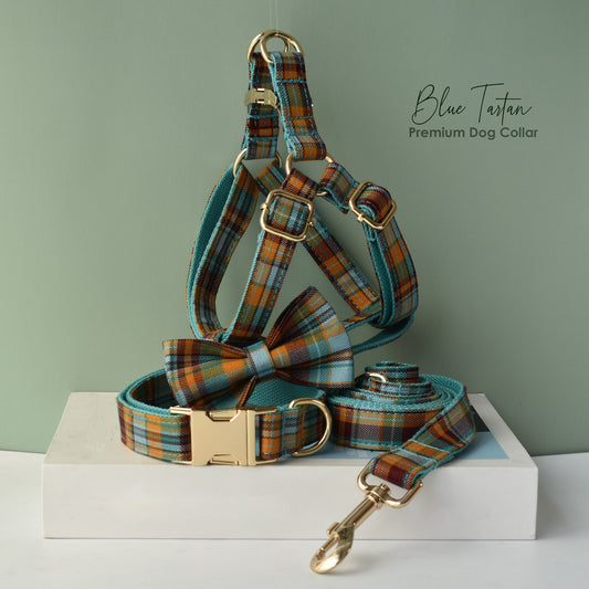 Personalized Blue Tartan Dog Collar set