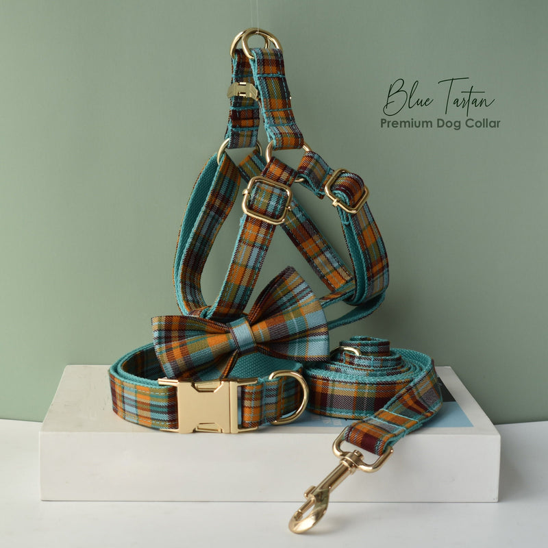 Personalized Blue Tartan Dog Collar set