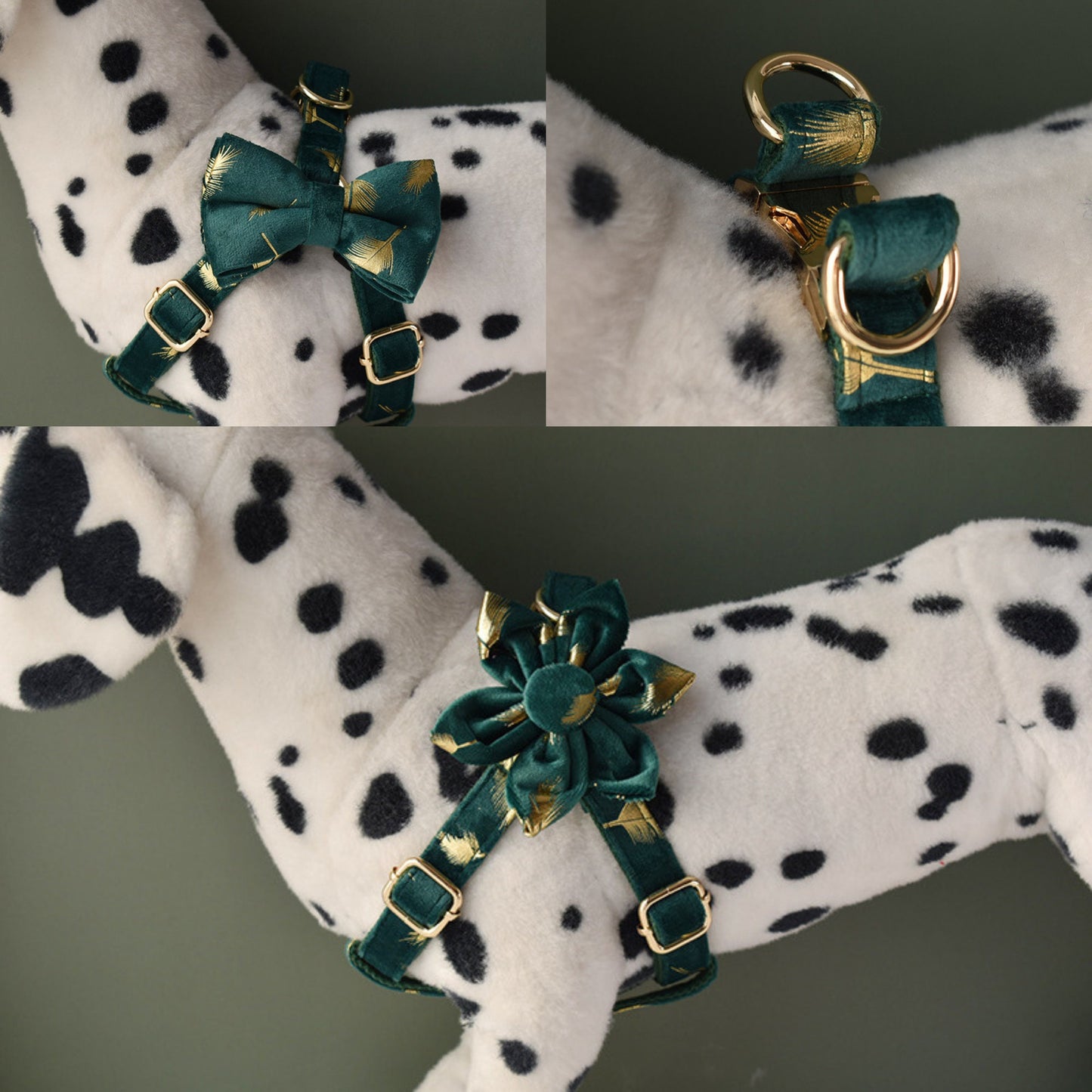 Personalised Dog Collar with Matching Harness and Leash Set in Emerald Green and Golden Leaves Pattern, Great for all Occasions