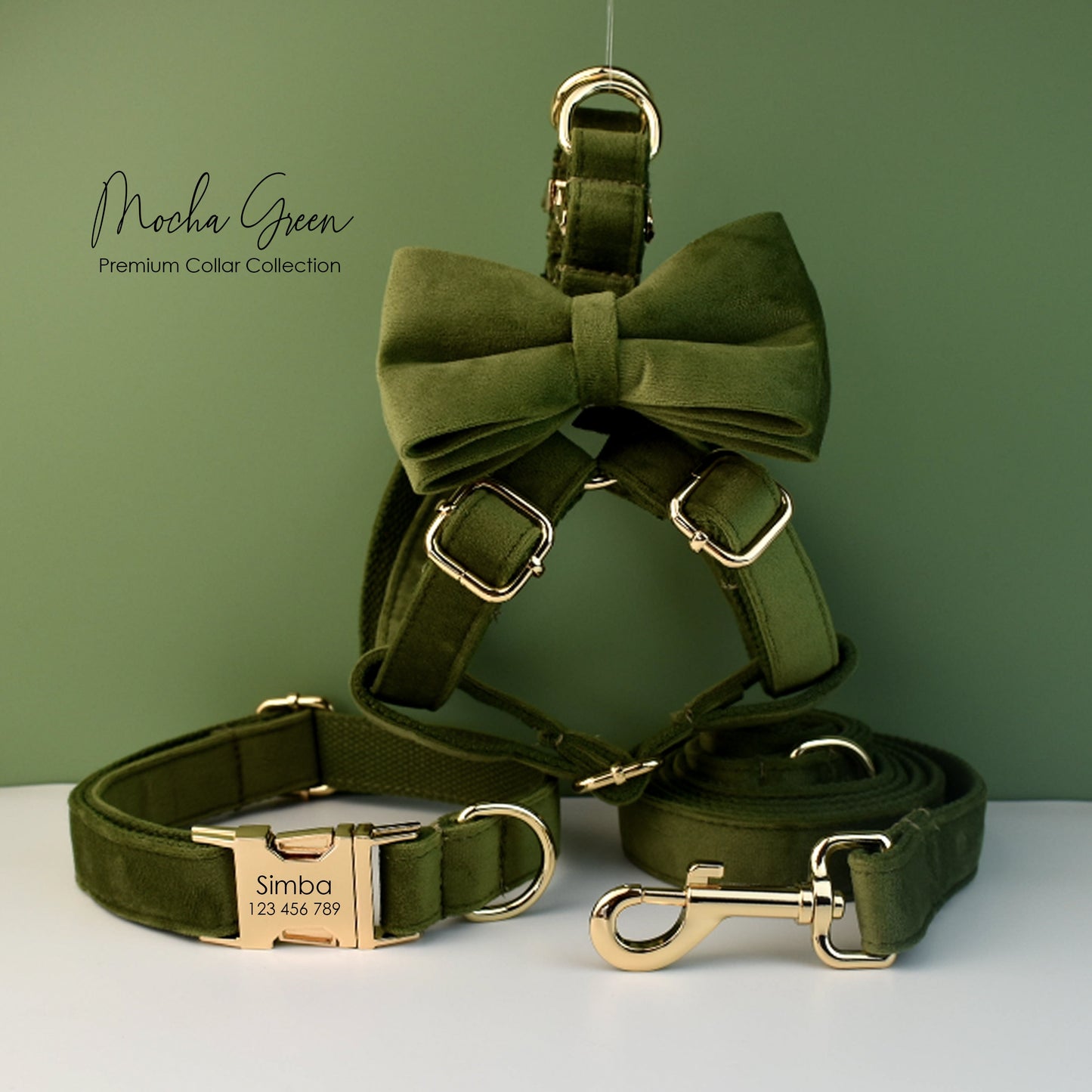 Personalised Velvet Dog Collar or Dog Lead Set, Matching Bowtie and Harness in Army Green and Solid Pattern