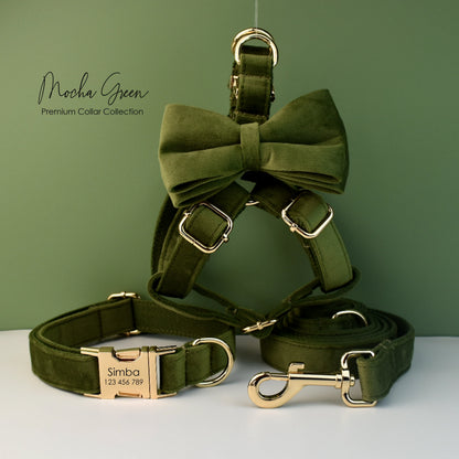 Personalised Velvet Dog Collar or Dog Lead Set, Matching Bowtie and Harness in Army Green and Solid Pattern