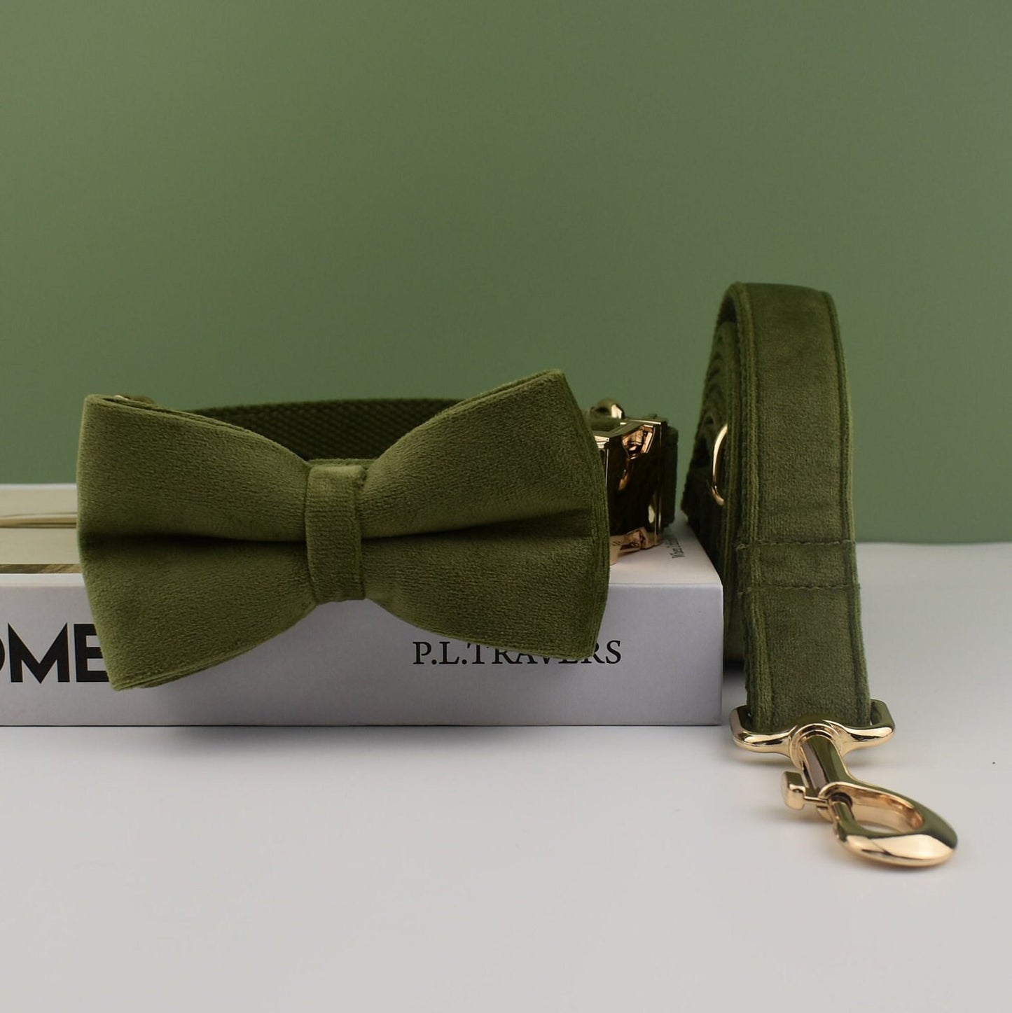 Personalised Velvet Dog Collar or Dog Lead Set, Matching Bowtie and Harness in Army Green and Solid Pattern