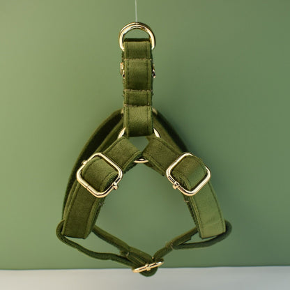 Personalised Velvet Dog Collar or Dog Lead Set, Matching Bowtie and Harness in Army Green and Solid Pattern