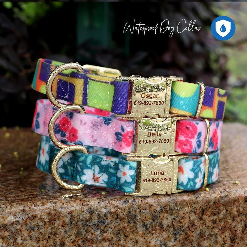 Waterproof Floral PVC Dog Collar in Blue, Pink and Green for Summer