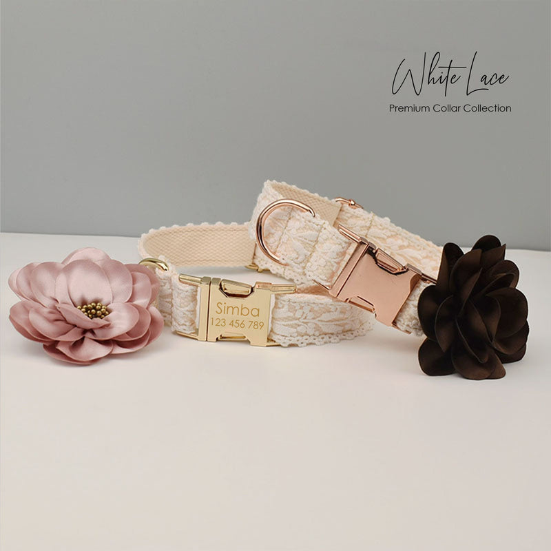 White Lace Wedding Dog Collar and Lead Set, Step-in Harness
