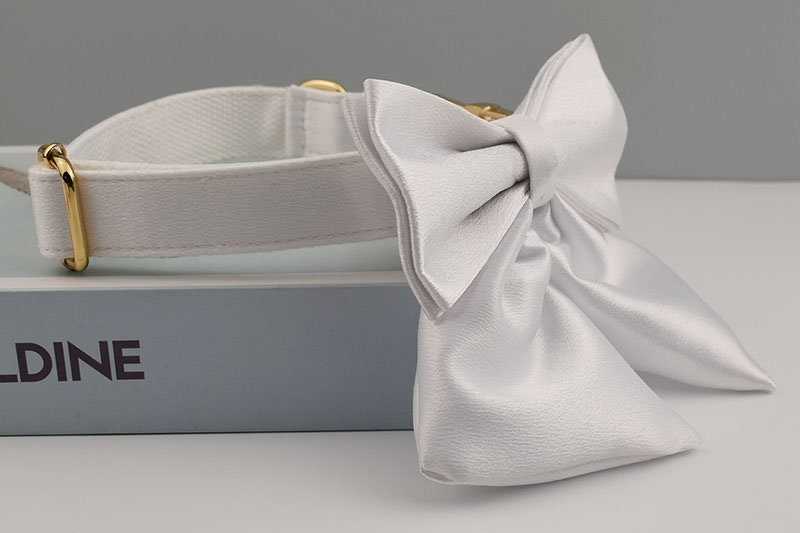 Personalised Wedding Dog Collar or Dog Lead Set, Matching Sailor Bowtie and Step-In Harness in Silky White