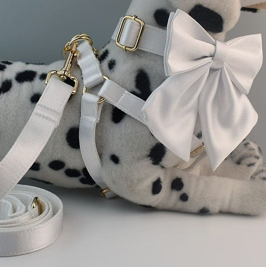 Personalised Wedding Dog Collar or Dog Lead Set, Matching Sailor Bowtie and Step-In Harness in Silky White