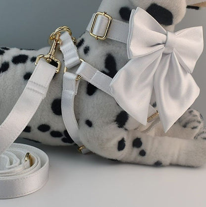 Personalised Wedding Dog Collar or Dog Lead Set, Matching Sailor Bowtie and Step-In Harness in Silky White