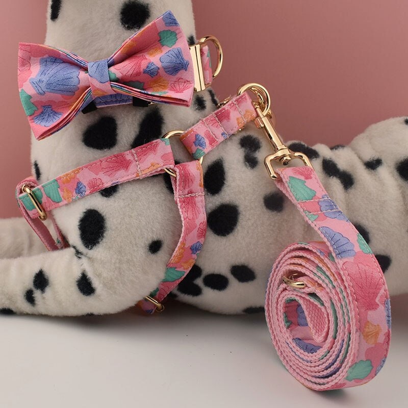 Personalised Dog Collar or Dog Lead Set, Matching Bowtie and Step-In Harness in Pink and Colorful Shell Prints Pattern