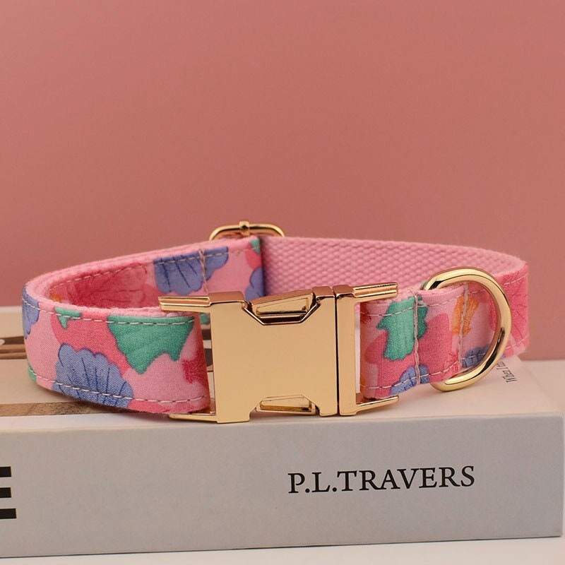 Personalised Dog Collar or Dog Lead Set, Matching Bowtie and Step-In Harness in Pink and Colorful Shell Prints Pattern
