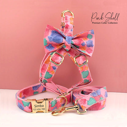 Personalised Dog Collar or Dog Lead Set, Matching Bowtie and Step-In Harness in Pink and Colorful Shell Prints Pattern