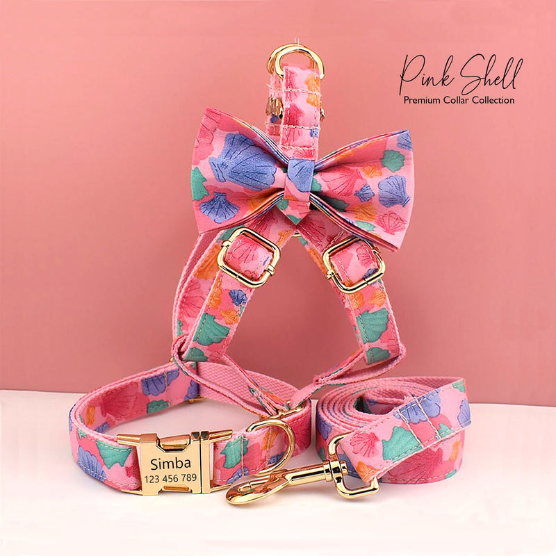 Personalized Engraved Handmade Dog Collar or Dog Lead Set, Matching Bowtie and Step-In Harness in Pink and Colorful Shell Prints Pattern