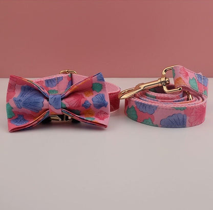 Personalised Dog Collar or Dog Lead Set, Matching Bowtie and Step-In Harness in Pink and Colorful Shell Prints Pattern