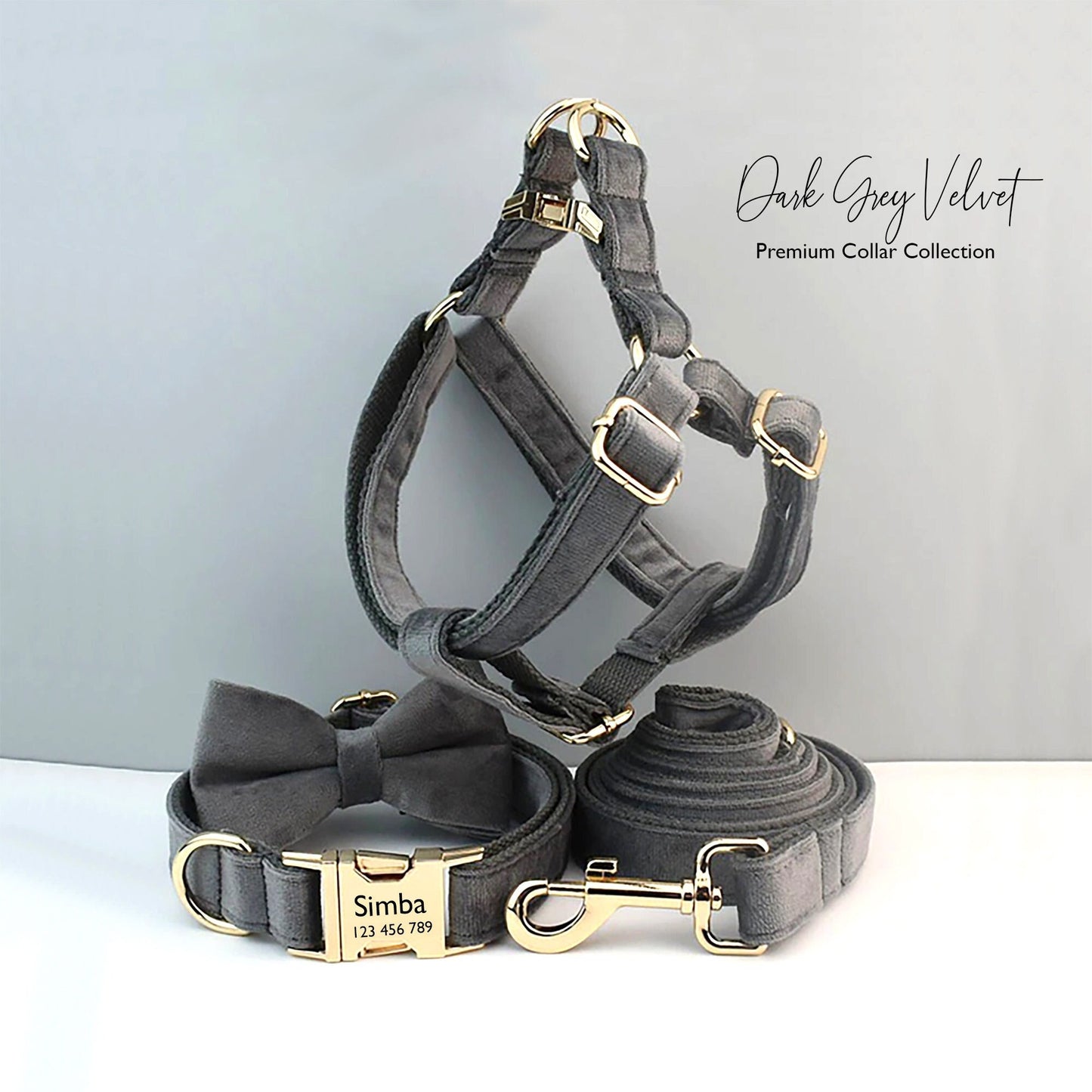 Dark Grey Dog Collar Lead Set, Harness and Removable Bowtie