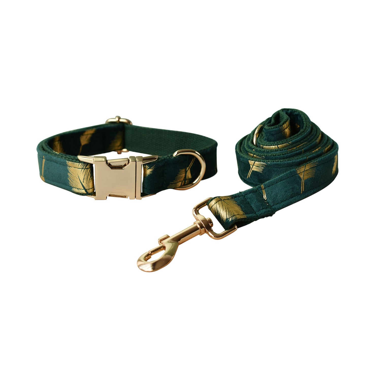 Personalised Dog Collar with Matching Harness and Leash Set in Emerald Green and Golden Leaves Pattern, Great for all Occasions