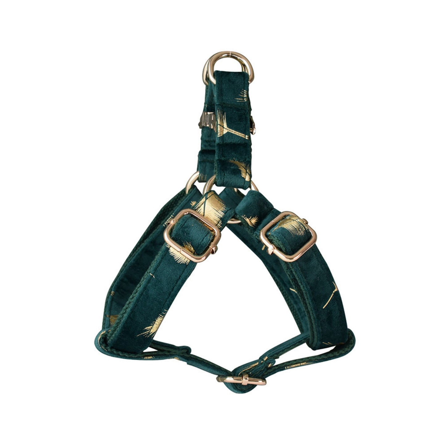 Personalised Dog Collar with Matching Harness and Leash Set in Emerald Green and Golden Leaves Pattern, Great for all Occasions