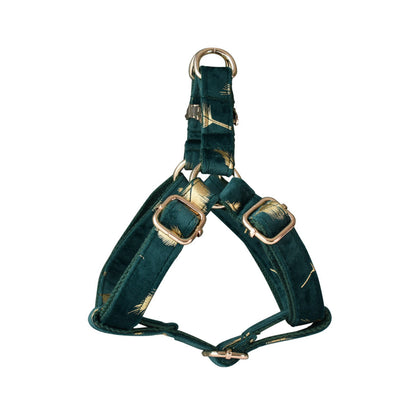 Personalised Dog Collar with Matching Harness and Leash Set in Emerald Green and Golden Leaves Pattern, Great for all Occasions