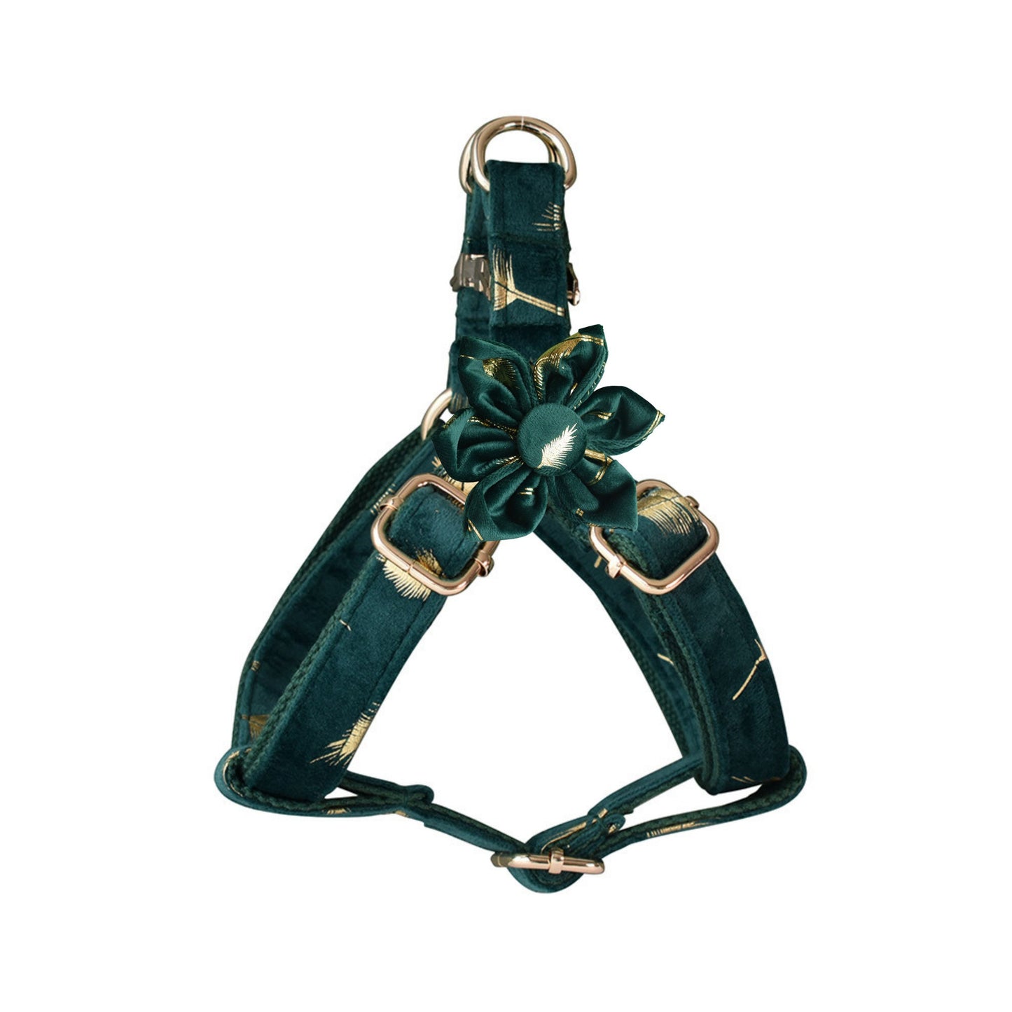 Personalised Dog Collar with Matching Harness and Leash Set in Emerald Green and Golden Leaves Pattern, Great for all Occasions