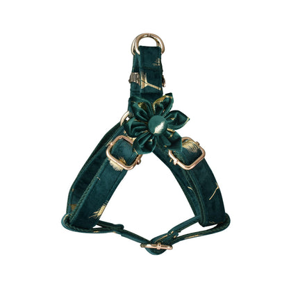 Personalised Dog Collar with Matching Harness and Leash Set in Emerald Green and Golden Leaves Pattern, Great for all Occasions