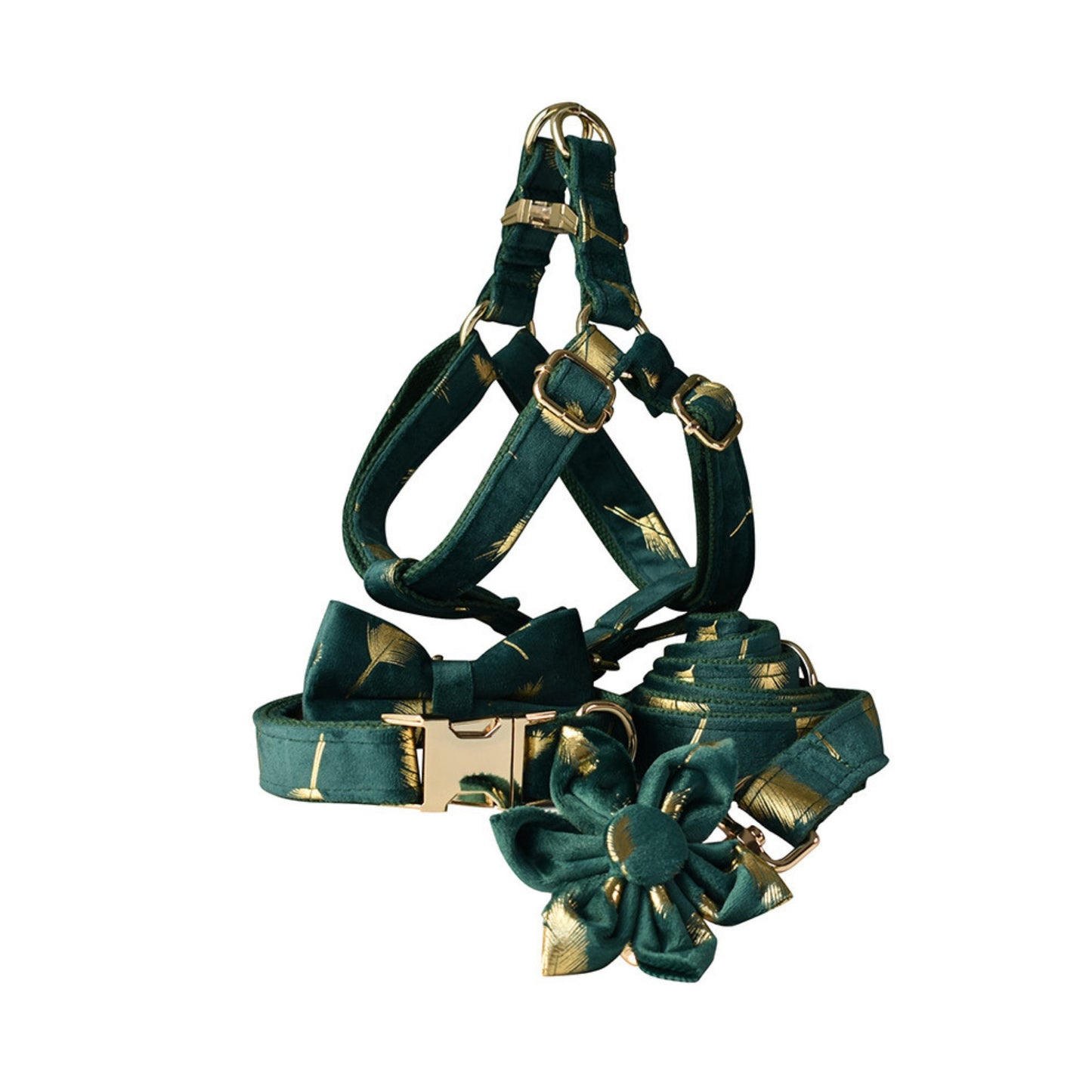 Personalised Dog Collar with Matching Harness and Leash Set in Emerald Green and Golden Leaves Pattern, Great for all Occasions