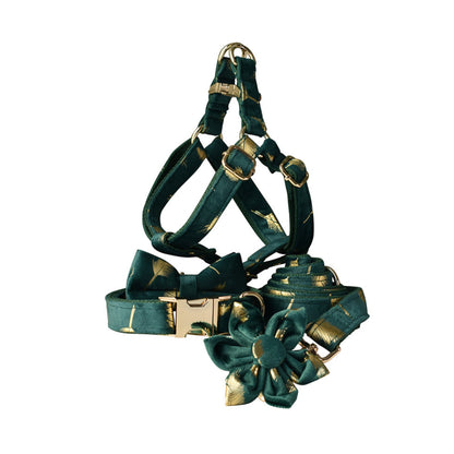 Personalised Dog Collar with Matching Harness and Leash Set in Emerald Green and Golden Leaves Pattern, Great for all Occasions