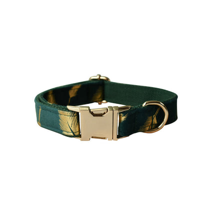 Personalised Dog Collar with Matching Harness and Leash Set in Emerald Green and Golden Leaves Pattern, Great for all Occasions