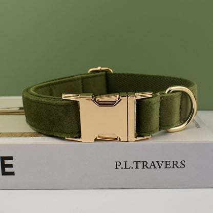 Personalised Velvet Dog Collar or Dog Lead Set, Matching Bowtie and Harness in Army Green and Solid Pattern