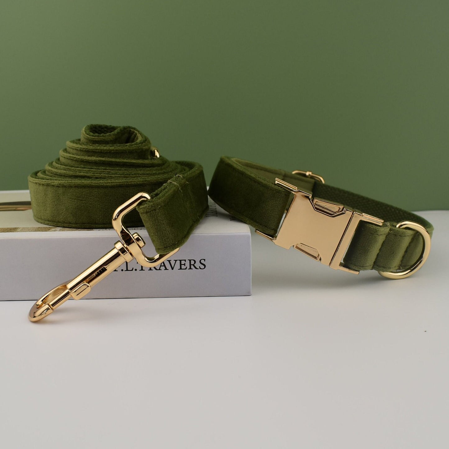Personalised Velvet Dog Collar or Dog Lead Set, Matching Bowtie and Harness in Army Green and Solid Pattern