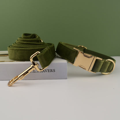 Personalised Velvet Dog Collar or Dog Lead Set, Matching Bowtie and Harness in Army Green and Solid Pattern