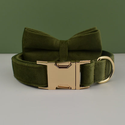 Personalised Velvet Dog Collar or Dog Lead Set, Matching Bowtie and Harness in Army Green and Solid Pattern