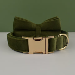 Personalized Engraved Handmade Velvet Dog Collar or Dog Lead Set, Matching Bowtie and Harness in Army Green and Solid Pattern