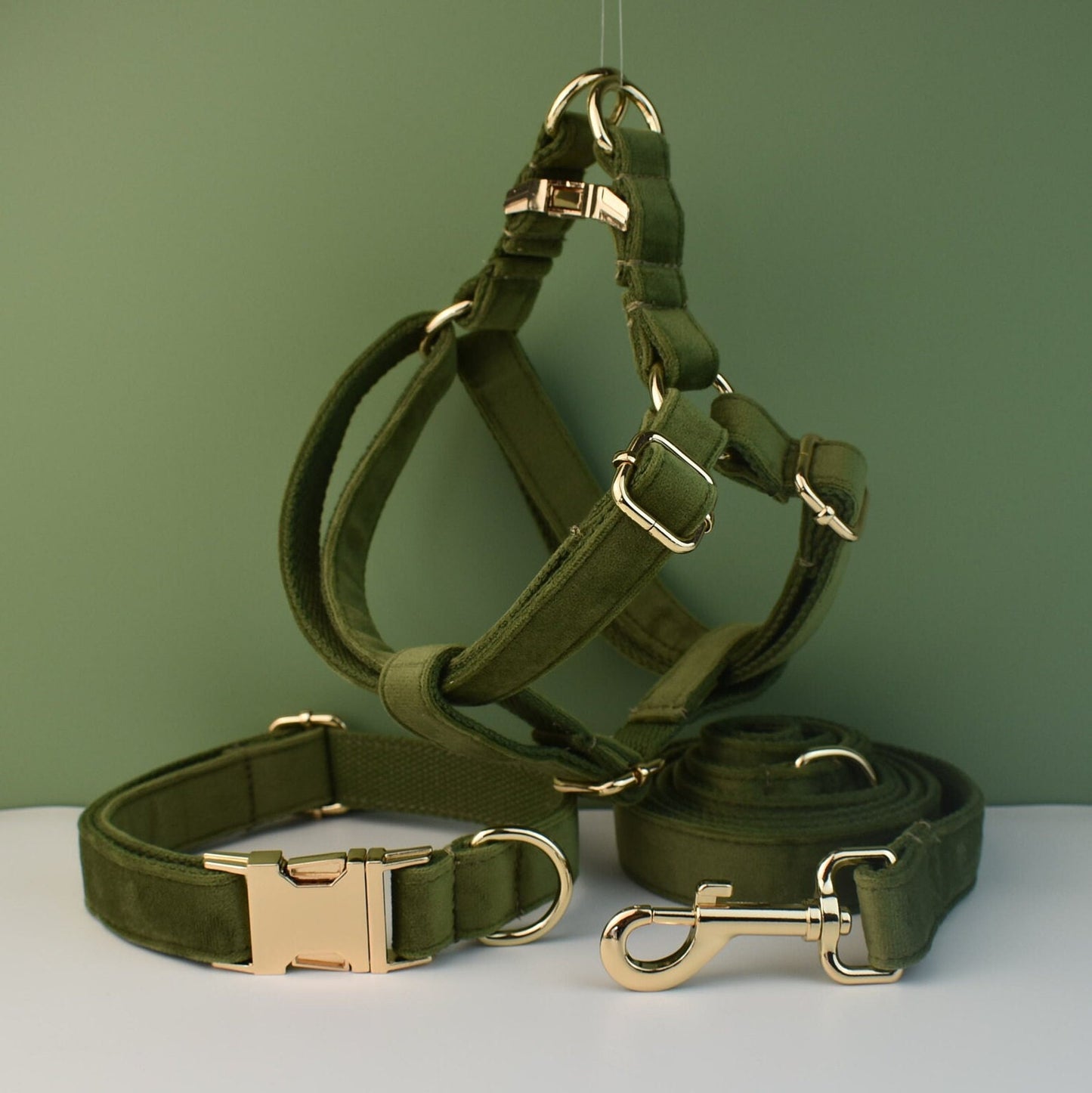 Personalised Velvet Dog Collar or Dog Lead Set, Matching Bowtie and Harness in Army Green and Solid Pattern