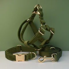 Personalized Engraved Handmade Velvet Dog Collar or Dog Lead Set, Matching Bowtie and Harness in Army Green and Solid Pattern