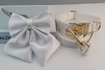Personalised Wedding Dog Collar or Dog Lead Set, Matching Sailor Bowtie and Step-In Harness in Silky White