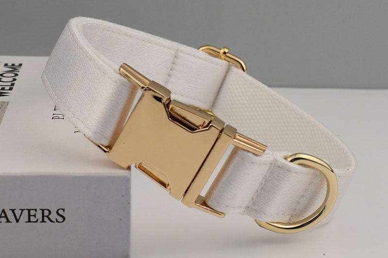 Personalised Wedding Dog Collar or Dog Lead Set, Matching Sailor Bowtie and Step-In Harness in Silky White