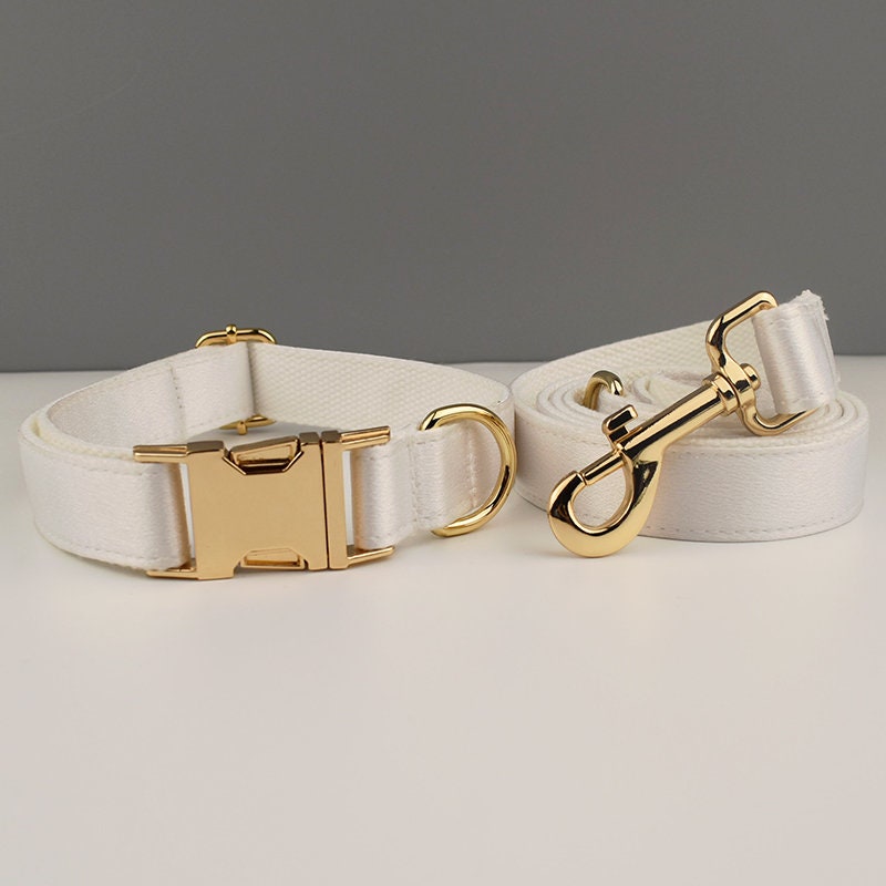 Personalised Wedding Dog Collar or Dog Lead Set, Matching Sailor Bowtie and Step-In Harness in Silky White