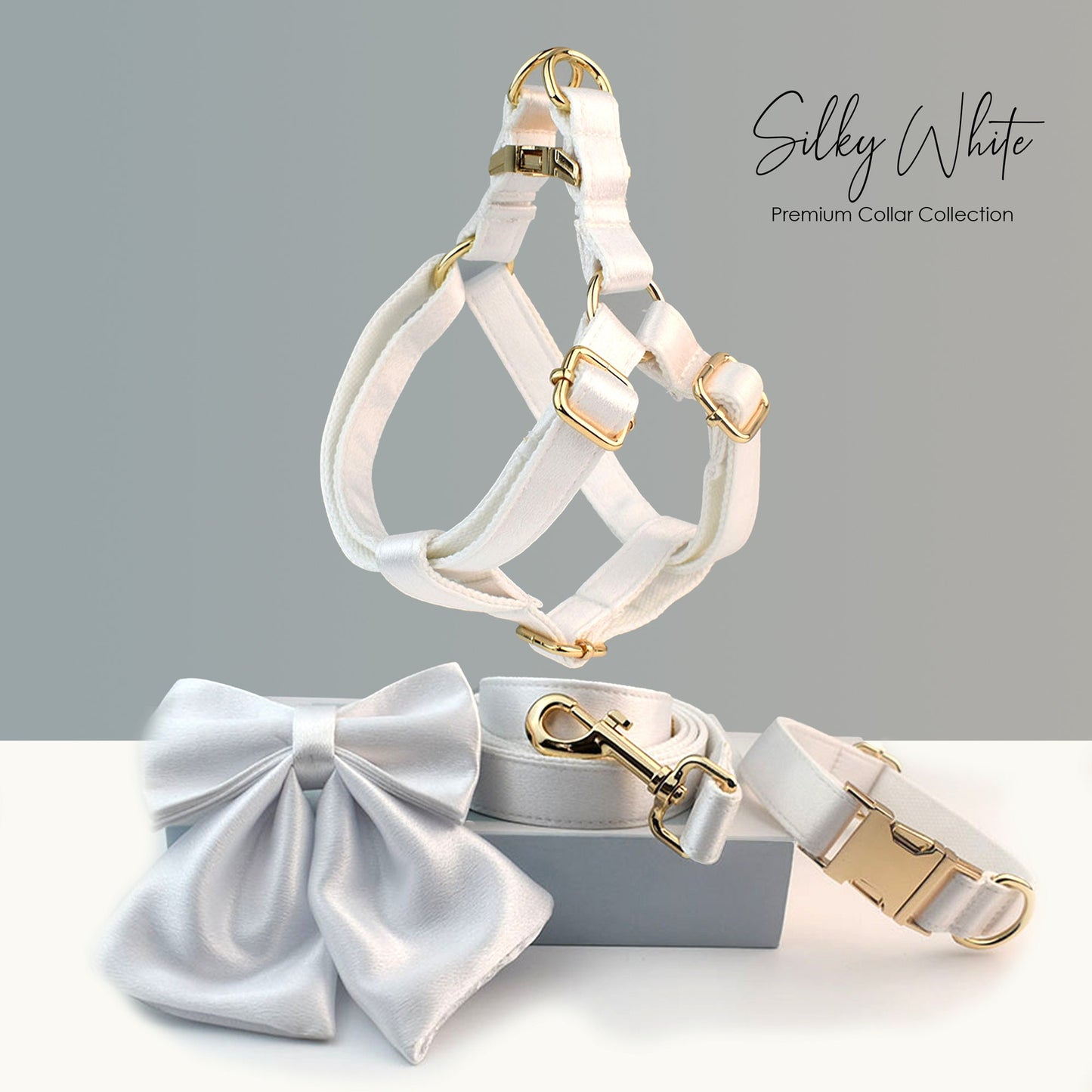 Personalised Wedding Dog Collar or Dog Lead Set, Matching Sailor Bowtie and Step-In Harness in Silky White