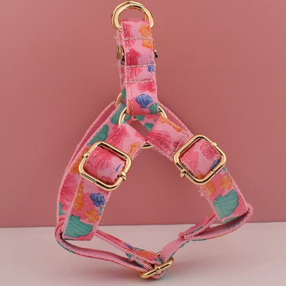 Personalised Dog Collar or Dog Lead Set, Matching Bowtie and Step-In Harness in Pink and Colorful Shell Prints Pattern