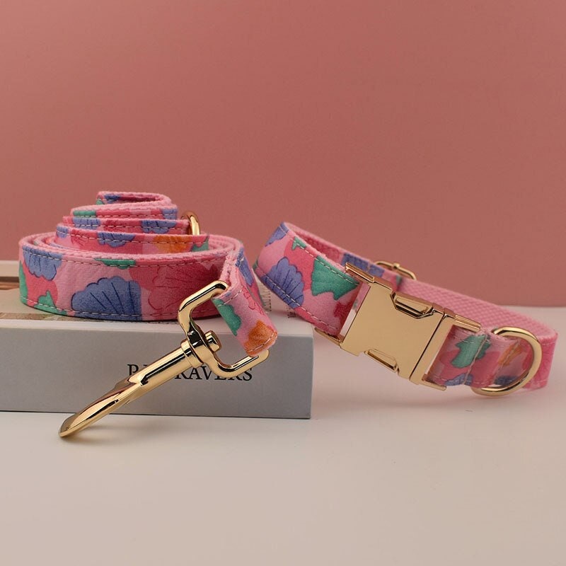Personalised Dog Collar or Dog Lead Set, Matching Bowtie and Step-In Harness in Pink and Colorful Shell Prints Pattern