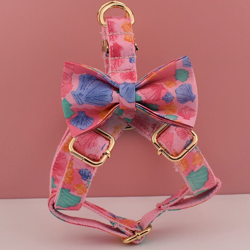 Personalised Dog Collar or Dog Lead Set, Matching Bowtie and Step-In Harness in Pink and Colorful Shell Prints Pattern