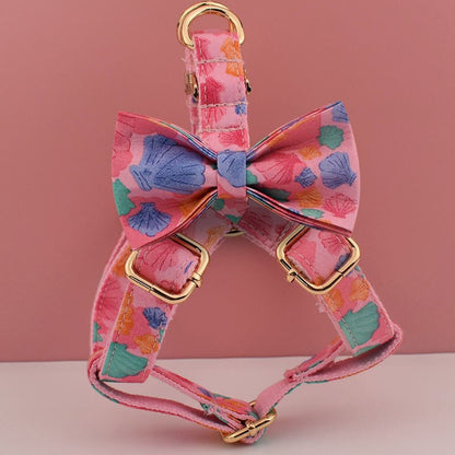 Personalised Dog Collar or Dog Lead Set, Matching Bowtie and Step-In Harness in Pink and Colorful Shell Prints Pattern